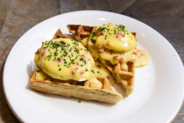 Cheddar Waffles &amp; Eggs from Loring Place